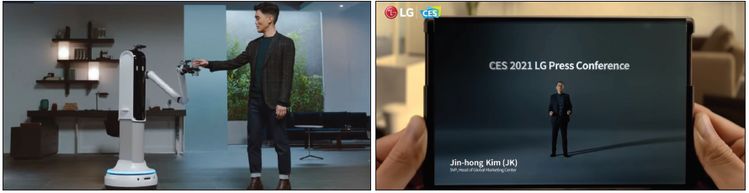 ‘CES 2021’서 삼성 로봇 시연하는 승현준 삼성리서치 소장. 오른쪽은 LG가 공개한 롤러블 스마트폰. [각 업체 CES 동영상 캡처]