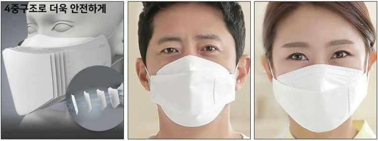 입체형 4중 구조로 디자인된 일월 마스크(왼쪽부터)와 남녀 모델이 착용한 모습. [사진 JIB]