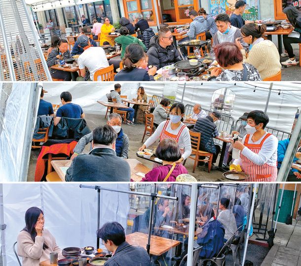31일 식당야외 영업이 재개된 첫 주말, 오랜만에 외식에 나선 고객들로 LA한인타운이 활기를 띠었다. 사진은 위부터 구이집 ‘강호동 백정’, 웨스턴길 ‘마당국수’, 6가길 ‘항아리 칼국수’. 김상진 기자 