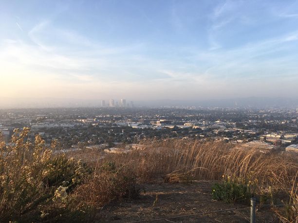 The view of downtown Los Angeles and parts of Culver City from the summit of the Baldwin Hills Scenic Overlook.