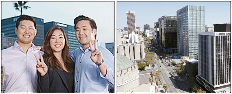 한인 최대 부동산업체인 제이미슨사의 2세들이 경영 일선 전면에서 맹활약 중이다. 데이비드 이 대표의 삼남매 필립, 제이미, 개럿(왼쪽부터).  오른쪽 사진은 LA 한인타운 중심가인 윌셔 불러바드 전경.  [USC 제공] 