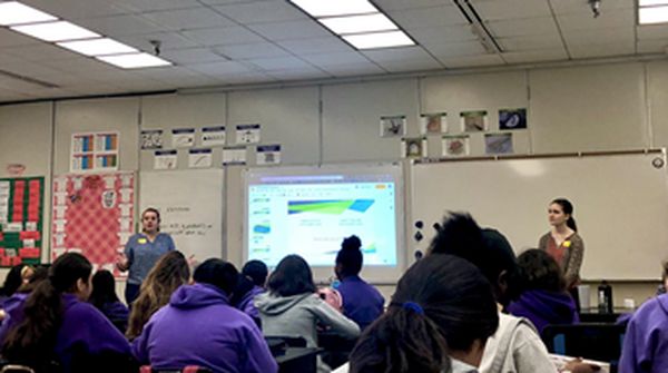 Leilani Trautman (left) and Madeline Holtz (right) giving insight about the meaning behind STEM and providing additional resources: online programs, informational web pages, and national/local programs in Southern California