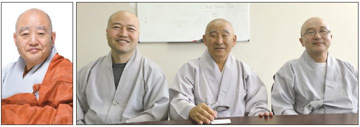 오는 28일 총무원장 원행 큰스님(작은사진) 법회를 준비하고 있는 조계종 연합회 임원진. 왼쪽부터 총무 묘경스님, 회장 현일스님, 자문위원 현철스님.