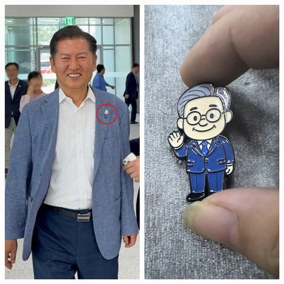 [좌측) 이재명 뱃지(빨간색 동그라미)를 착용한 정청래 더불어민주당 당대표 후보 (출처 : 정청래 공식 페이스북)]