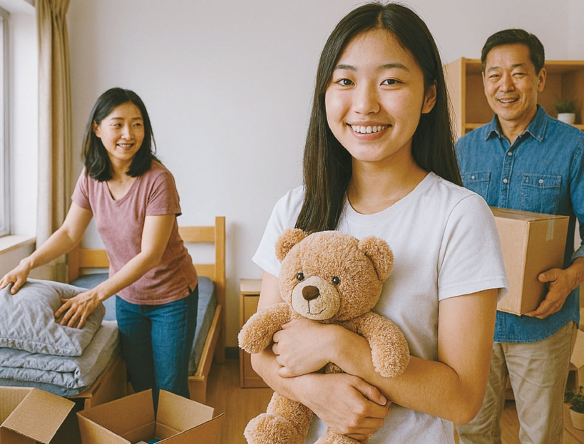 미국 대학에서 신입생이 된다는 것은 부모로부터의 독립을 의미한다. 대학 기숙사에 도착해서 짐을 풀고 있는 한인 여학생을 부모가 지켜보고 있다. [copilot 생성]