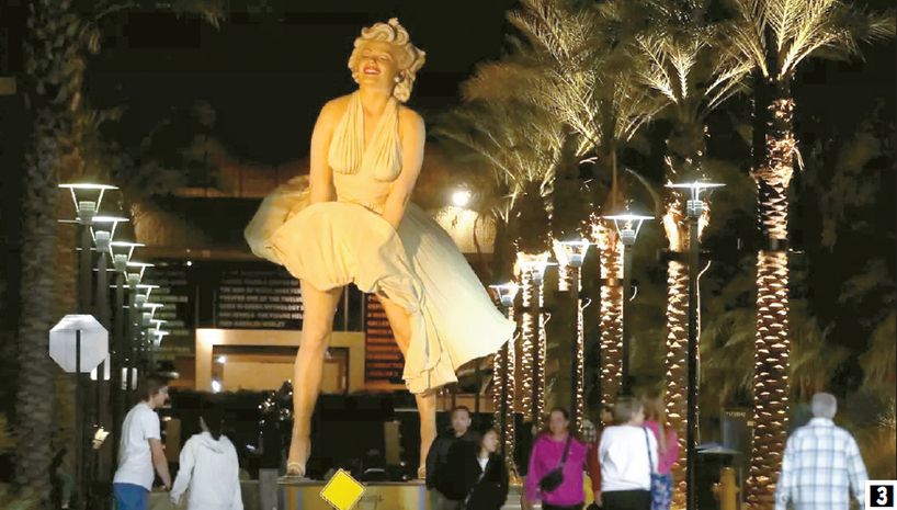 지난해 가을 팜스프링스를 찾은 방문객들 위로 ″포에버 마릴린(Forever Marilyn)″ 조형물이 우뚝 서 있다. 캐나다 관광객이 많이 줄었다. [지나 페라치, 앨런 J, 샤벤, 헤나로 몰리나 / LA타임스]