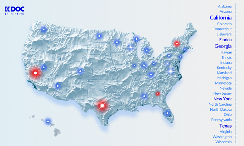 K-DOC Telehealth가 진료 가능한 미국 25개 주가 사진에 표기된 사진(사진=K-DOC 제공)