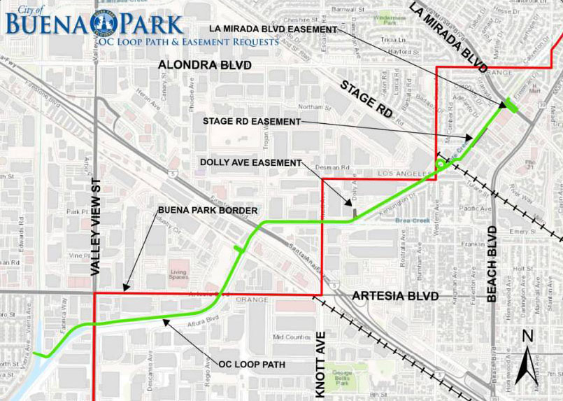  부에나파크를 지나는 OC 바이크 루프(초록색 선) 경로. OC정부가 토지 사용 권과 수용권을 행사하려는 곳은 ①한남체인 몰과 라미라다 불러바드가 만나는 지점, ②스테이지 로드에 면한 앰버우드 아파트 단지 주차장, ③5650 돌리 애 비뉴 주차 공간 일부다. [부에나파크시 웹사이트] 