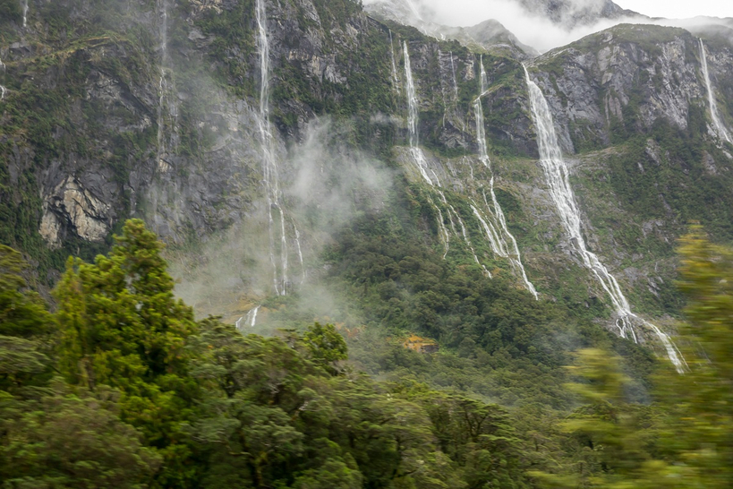 밀포드사운드로 향하는 길목의 폭포들.