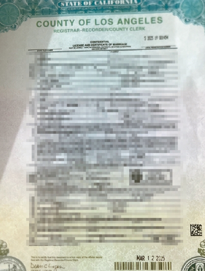 황씨 부부의 결혼증명서. [셀레나 디아즈 씨 제공]