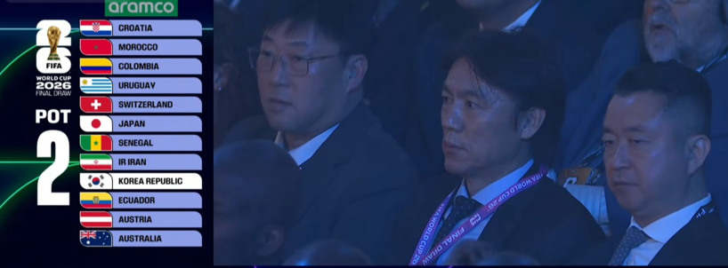 홍명보 한국 축구 국가대표팀 감독이 포트 2 국가 추첨에서 한국이 호명되자 무대를 응시하고 있다. [SABC 뉴스 화면 캡처]