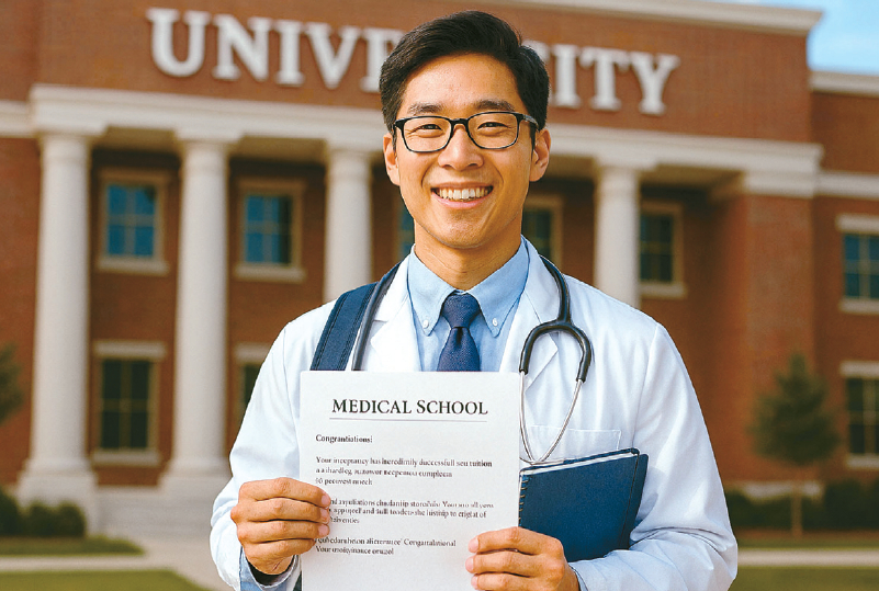 의지와 실력만 있다면 무료로 명문 의대를 다닐 수 있는 시대가 도래했다. 의대 지망생이 의대 합격증을 자랑스럽게 보여주고 있다. [Copilot생성]