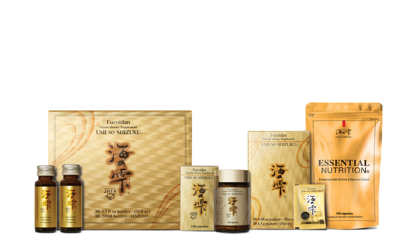 우미노시즈쿠 후코이단의 주요 제품 라인업. 드링크, 캡슐, 파우더 등 다양한 형태로 구성돼 면역 케어에 맞춘 선택이 가능하다.