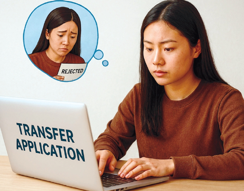 자신이 떨어졌던 대학에 편입생으로 지원할 때 자신의 성취도 향상을 증명하는 것이 좋다. 한인 여학생이 자신을 떨어뜨렸던 대학을 생각하면서 편입 지원서를 작성하고 있다.[Copliot생성]