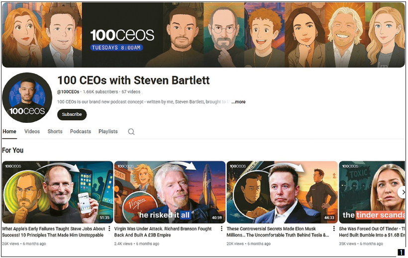 인기 팟캐스트 진행자 스티븐 바틀릿이 자신의 목소리를 복제한 AI가 내레이션을 맡은 유튜브 채널 ‘100 CEOs With Steven Bartlett’. [유튜브 스크린샷]