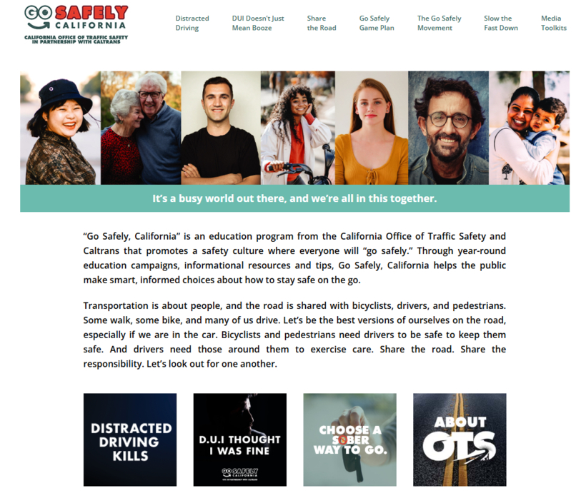 캘리포니아 교통안전 캠페인 정보를 제공하는 gosafelyca.org 웹사이트 메인 화면