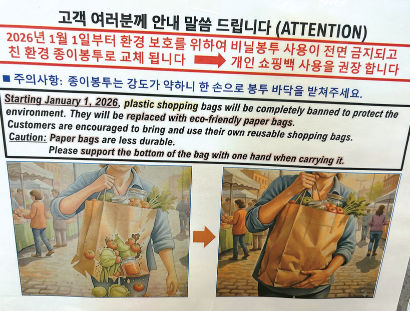 2026년 1월 1일부터 플라스틱 쇼핑백 사용이 전면 금지되고 종이봉지로 대체된다는 안내문. 강한길 기자