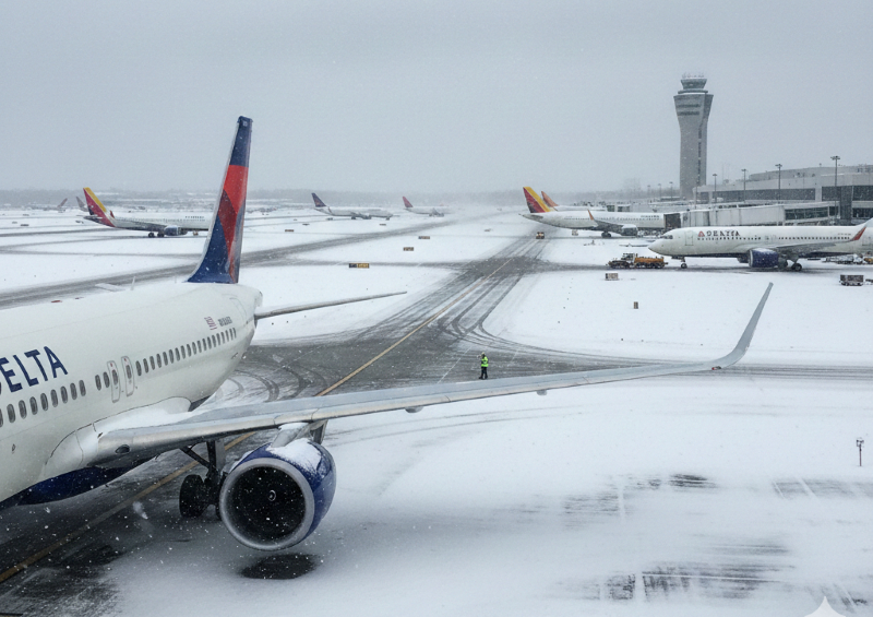 이번 주말 조지아주를 비롯한 남부 일대에 겨울 폭풍이 예보된 가운데, 델타항공 등 항공사들은 여행객들이 항공편을 변경하도록 수수료를 면제한다고 밝혔다. [AI 생성 이미지]