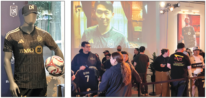지난 10일 라인 호텔에 마련된 LAFC 유니폼 팝업 스토어를 찾은 팬들이 손흥민 유니폼을 들고 결제 순서를 기다리고 있다. 뒷면 벽에는 새 유니폼을 입은 손흥민의 모습이 영상으로 나오고 있다. 왼쪽은 2026시즌 LAFC 홈 유니폼.