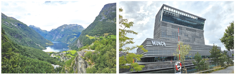 게이랑에르 피요르드 전경(왼쪽)과 2021년 10월 개관해 에드바르드 뭉크의 대표작 '절규'를 소장.전시하는 뭉크 미술관 신관 모습.