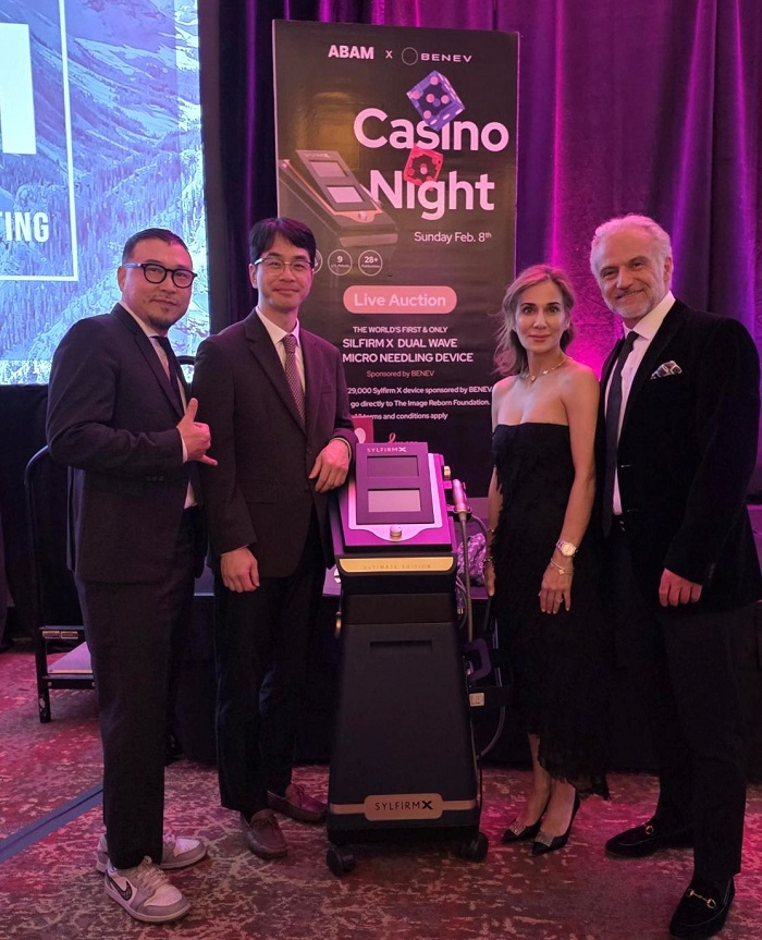 [VIOL Medical CEO Eunchun Lee poses for a commemorative photo with key attendees at the ABAM Casino Night raffle event held on July 7 (local time) in Utah, U.S. (From left: Ethan Min, CEO of BENEV; Eunchun Lee CEO of VIOL; Dr. Kiya Movassaghi, President of The Aesthetic Society; and his spouse./Photo courtesy of VIOL Medical)]