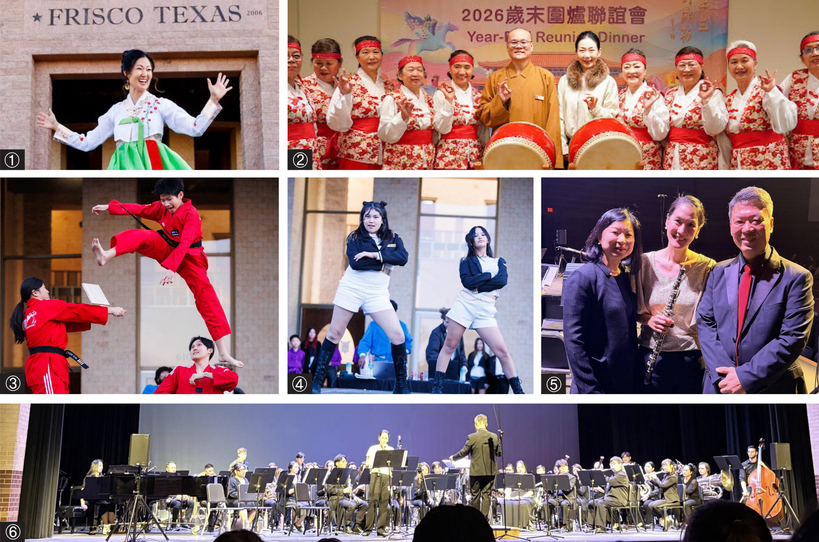 ① 프리스코 시 주최 구정 축제에 참가한 테미 서 전 프리스코 시의원. ② 국제 불교 발전협회 구정 행사가 참가한 박성신(가운데) 회장. ③ 프리스코 시 구정 축제 태권도 시범. ④ 프리스코 시 구정 축제 케이팝 댄스. ⑤ (왼쪽부터) 달라스 아시안 윈즈 설맞이 연주회에서 협연한 UNT 홍성지 교수, 최정 교수, 이정무 예술총감독. ⑥ 지난 8일 오후 5시 코펠 고등학교 대강당에서 열린 달라스 아시안 윈즈 설맞이 정기 연주회 공연 모습.