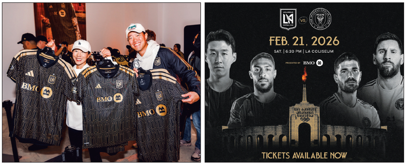 한인들이 새로 디자인된 홈경기 유니폼을 사고 있다. 오른쪽은 LAFC와 인터 마이애미 경기 포스터. [LAFC X 캡처]