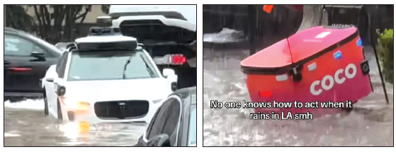 최근 폭우로 침수된 도로에 고립된 웨이모와 배달 로봇 '코코'. [인스타그램 캡처]
