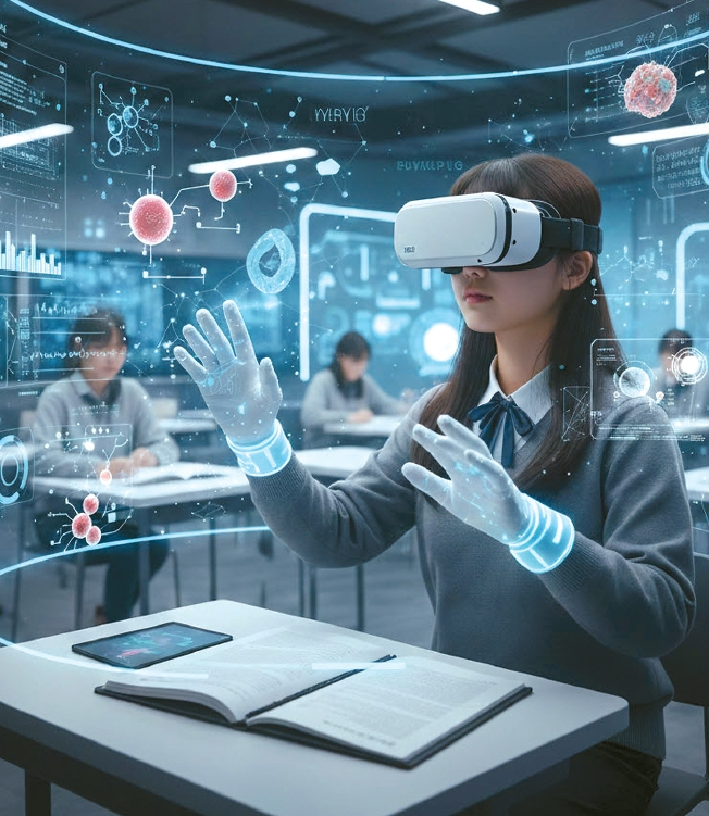 AI로 인해 교육 현장의 초점이 지식 중심에서 '듀러블 스킬'으로 급변하고 있다. 한인 여학생이 몰입형 학습에 참여하고 있는 모습의 상상도. [제미나이 생성]