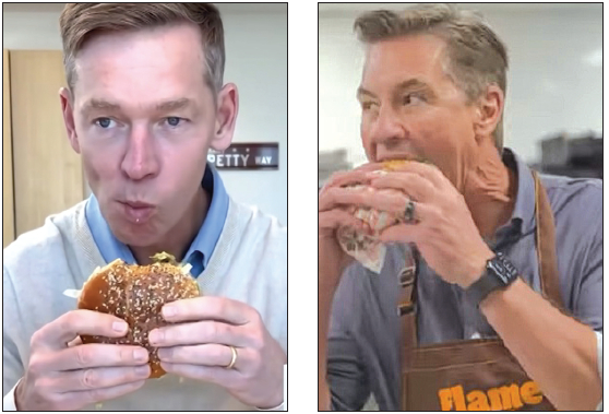 맥도날드의 크리스 켐프친스키(왼쪽) CEO와 버거킹의 톰 커티스 사장이 각가 자사의 버거를 먹는 모습. [SNS 캡처]
