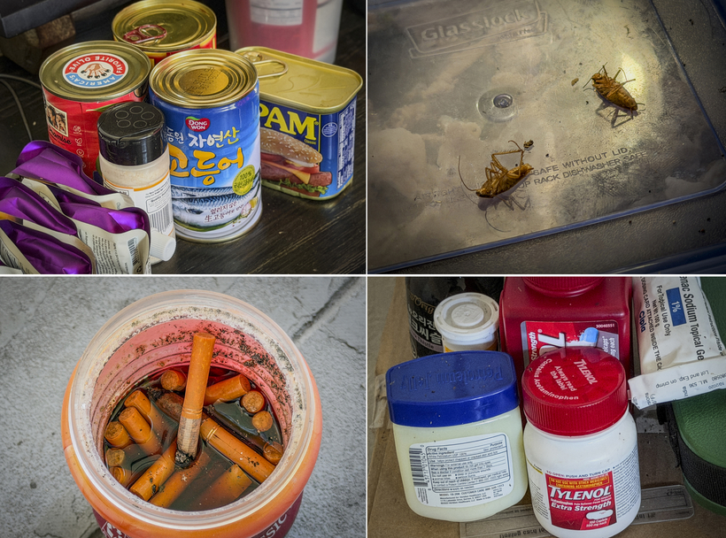 한인 불법 체류자들이 머무는 셸터에 일부 비상약품과 캔 식품은 열악한 생활 환경을 보여준다. 