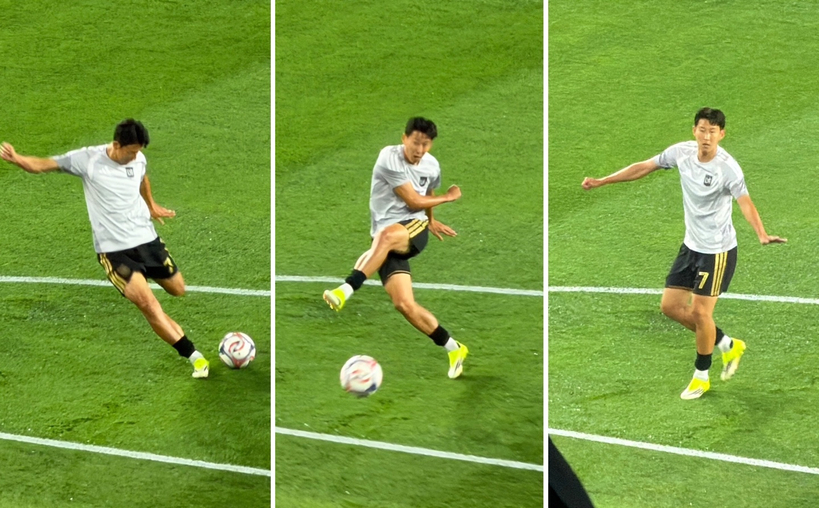 손흥민이 시즌 첫 골을 노리며 그라운드에서 몸을 풀고 있다.