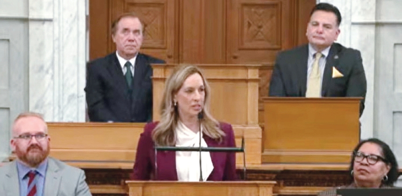 미키 셰릴 뉴저지주지사가 10일 트렌턴 주의사당에서 2026~2027회계연도 예비 행정예산안을 발표하고 있다.  [뉴저지주지사실 영상 캡처]