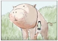 영화 ‘옥자(OKJA, 2017)’를 위해 봉준호 감독이 그린 옥자와 미자의 콘셉트 아트. [아카데미 영화박물관 제공]