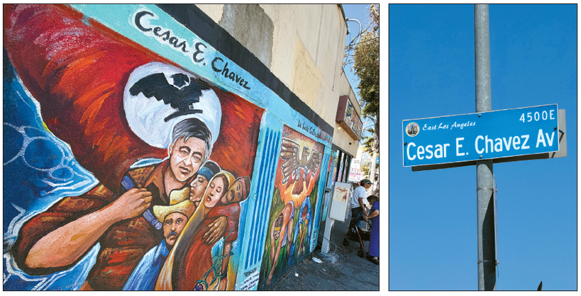 LA 동부 도로변에 차베스의 삶과 행적을 담은 벽화가 남아 있다. 오른쪽 사진은 세자르 차베스 애비뉴 표지판. 김상진 기자 