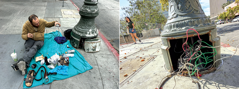 LA 한인타운 윌셔 불러바드에서 한 남성이 가로등 하단 배선함을 열어 휴대전화를 충전하고 있다(왼쪽). 몇 주 뒤 다시 찾은 같은 가로등은 배선함이 열린 채 내부 전선이 그대로 노출된 상태다. 김상진 기자