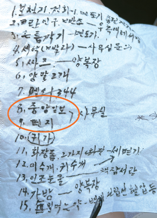 지난해 병원에 입원하면서 자녀들에게 부탁한 준비물 목록이다. 목록에 '중앙일보'가 포함돼 있다. [가족 제공]