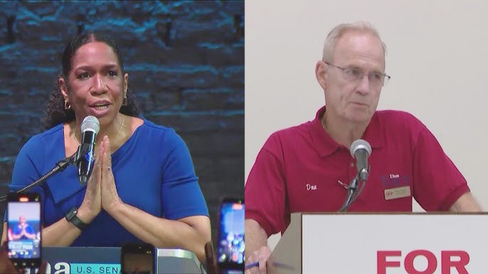 민주당 줄리아나 스트래튼(왼쪽) 부지사와 전 일리노이 공화당 의장 돈 트레이시(오른쪽) [WTWK]