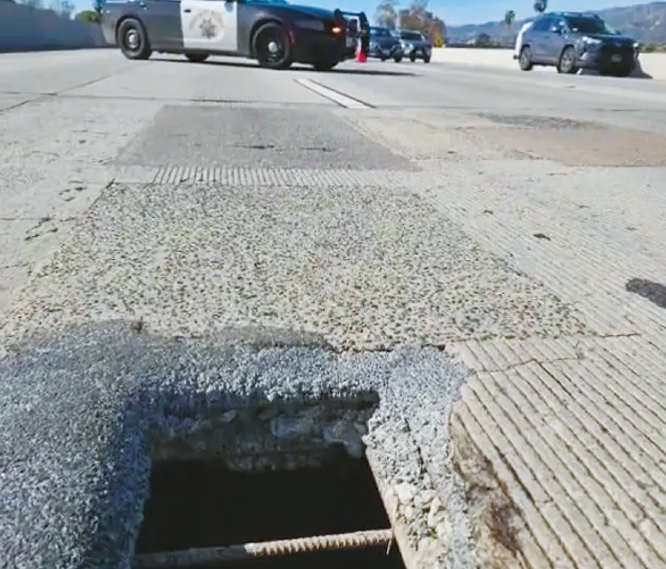 지난 2025년 5번 프리웨이 글렌데일 구간에서 발견된 대형 팟홀. [폭스11 캡처]