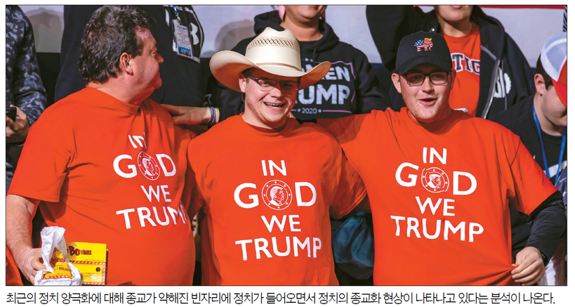 최근의 정치 양극화에 대해 종교가 약해진 빈자리에 정치가 들어오면서 정치의 종교화 현상이 나타나고 있다는 분석이 나온다.