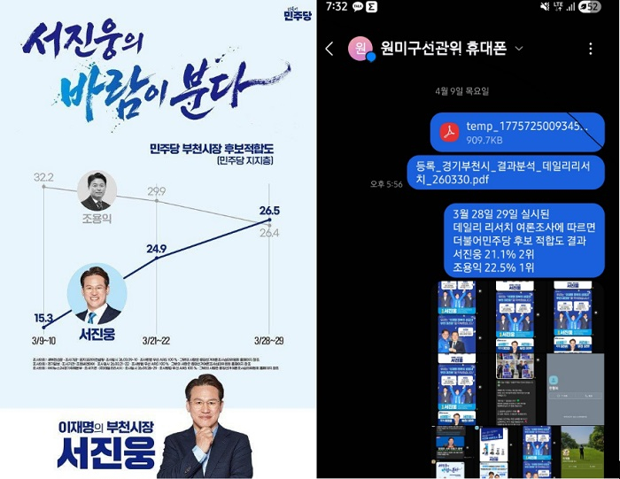 [서진웅 예비후보 측 배포 여론조사 홍보물과 카카오톡 단체 대화방 자료 화면]