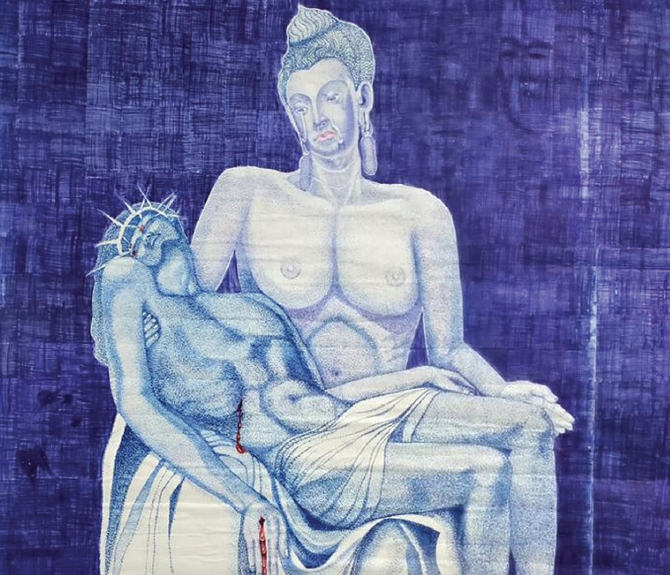윤기묘자 화백의 대표작 ‘우리는 하나다, 서로 사랑하라’.