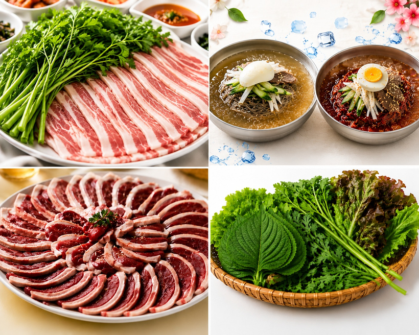 수라원의 미나리 삼겹살과 물.비빔냉면, 오리로스구이, 신선한 한국 채소.