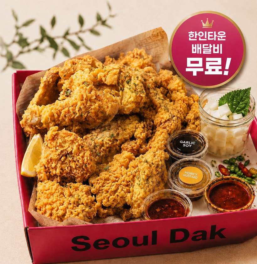 서울닥이 한인타운 무료배달 서비스를 시작했다. 아래는 서울닥 캔치킨 이미지.