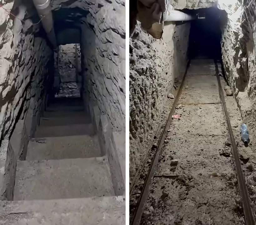 연방 수사당국이 샌디에이고 오테이 메사 지역 할인점 지하에서 발견한 비밀 밀수 터널 내부 모습. 터널은 깊이 55피트, 길이 약 2000피트 규모로 철도 레일과 환기시설, 전기 설비까지 갖춘 것으로 확인됐다. 당국은 멕시코 할리스코 신세대 카르텔(CJNG)이 코카인 밀반입에 사용한 것으로 보고 있다. [국토안보부(HSI) 제공]