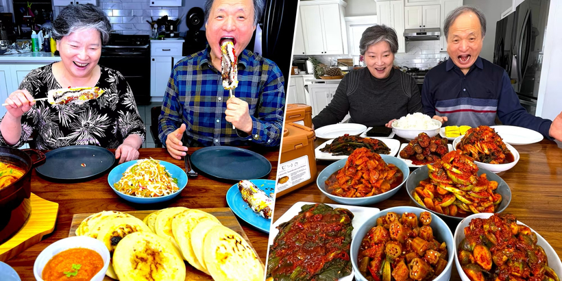 한인 유튜브 채널 ‘크레이지 코리안 쿠킹(Crazy Korean Cooking)’의 주인공인 장씨 부부가 텍사스 바비큐와 다양한 세계 음식을 맛보며 환하게 웃고 있다. 두 사람의 솔직하고 유쾌한 시식 반응은 수천만 건의 조회 수를 기록하며 세계적인 인기를 얻고 있다. [사진제공 Crazy Korean Cooking]
