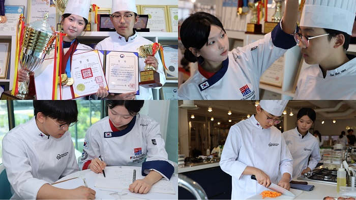 [-〈Top Left〉 The duo of Kyu Lyn Kim and Hwi Won Son sharing the joy of achieving a Grand Slam. 〈Top Right〉 The unrivaled middle school chef, Kyu Lyn Kim, placing her own chef's hat on the rising star chef, Hwi Won Son. 〈Bottom Left〉 The duo of Kyu Lyn Kim and Hwi Won Son having a recipe meeting. 〈Bottom Right〉 The top-ranked middle school chef, Kyu Lyn Kim, carefully reviewing the cooking process of the rising star chef, Hwi Won Son. (File footage courtesy of Student Reporter Mun Su Kim, KYCT)]
