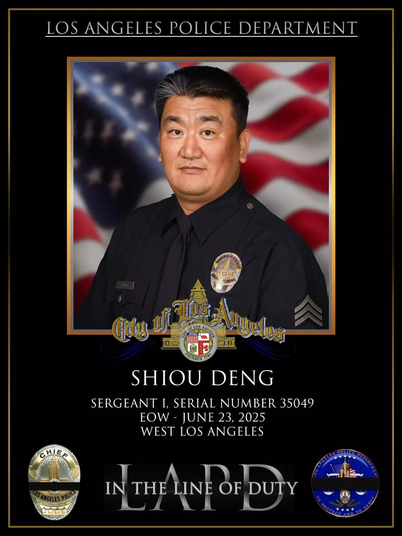 지난해 6월 23일 405번 프리웨이 사고 현장에서 시민을 돕다 순직한 LAPD 웨스트LA 경찰서 소속 샤우 덩(Shiou Deng) 경사의 추모 사진. [LAPD]