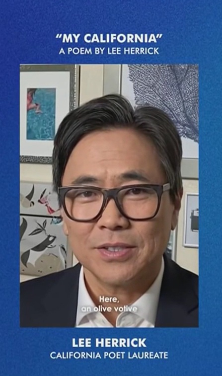 미국 독립 250주년 기념 타임캡슐에 수록될 시 **'마이 캘리포니아(My California)'**를 낭독하는 한국 출신 입양인 리 헤릭(Lee Herrick) 캘리포니아 계관시인. 헤릭의 작품은 캘리포니아를 대표하는 기록물로 선정돼 오는 2276년 공개될 예정이다. [NBC 방송 캡처]