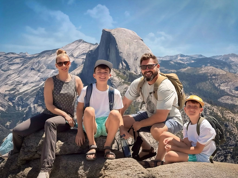 요세미티 국립공원을 찾은 크리스천 랜스(오른쪽 두 번째)가 가족들과 함께 하프돔(Half Dome)을 배경으로 기념사진을 찍고 있다. 랜스는 여행 중 머세드강에서 물에 빠진 중국인 관광객을 구조하고 심폐소생술(CPR)을 실시해 소중한 생명을 구했다. [랜스 패밀리 SNS]